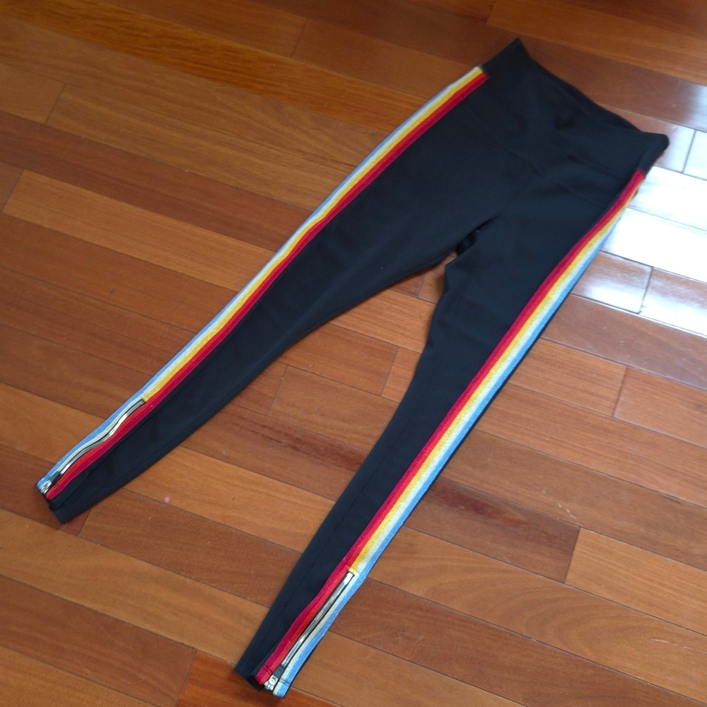Spiritual Gangster Leggings Women Small Black Rainbow Glitter Stripe Ankle Zip